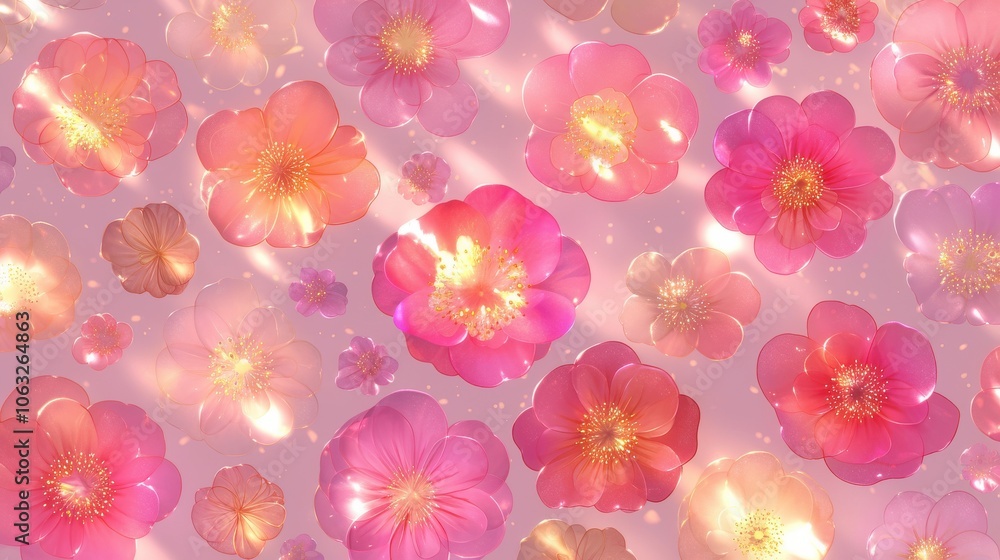 A vibrant display of various pink and peach flowers, illuminated with soft light, creating a dreamy atmosphere. A vibrant display of various pink and peach flowers, illuminated with soft light, creating a dreamy atmosphere.