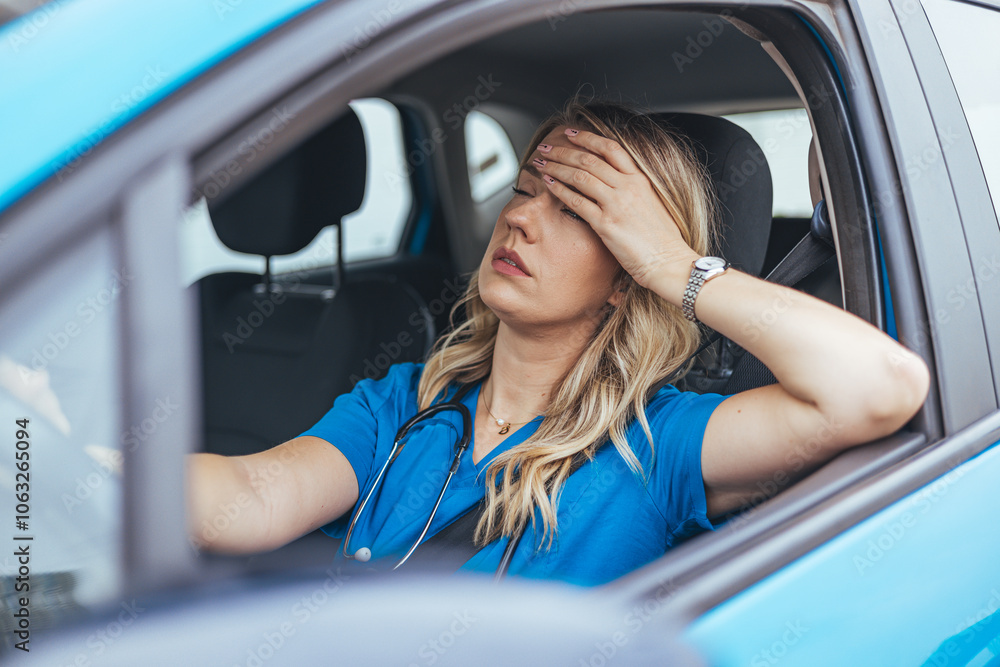 Tired Healthcare Worker Resting in Car After Long Shift Tired Healthcare Worker Resting in Car After Long Shift