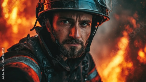 Close up portrait of a focused firefighter reaching into a burning structure