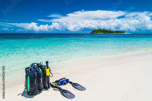 close-up shot of a shiny, wet snorkel and mask placed on the edge of a tranquil, white sandy beach