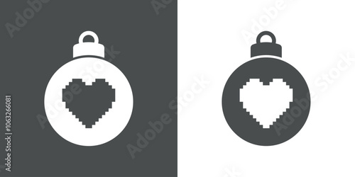 Decoración de Navidad. Logo con silueta de bola de navidad con corazón estilo arcade con pixels para tarjetas y felicitaciones