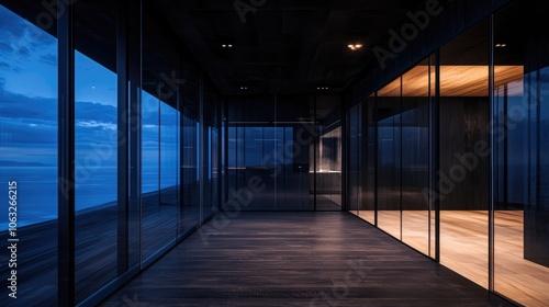 Contemporary glass walled office interior with ocean views