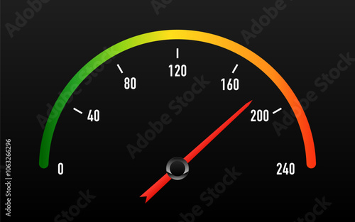 Speedometer icon. 3D meter with arrow for dashboard with green, yellow, red indicators. Car speedometer. Scale score of speed, performance and rating. Vector illustration
