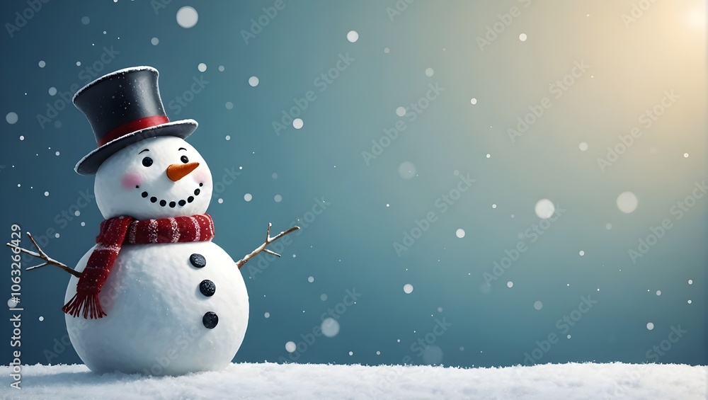 Fototapeta premium Snowman with hat and red scarf, christmas wallpaper, winter and holiday banner, empty space for text
