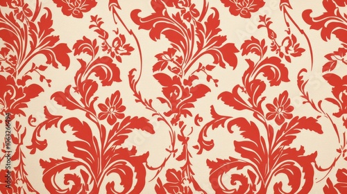 Elegant red floral damask pattern on a cream background, adding a touch of vintage charm to any space.