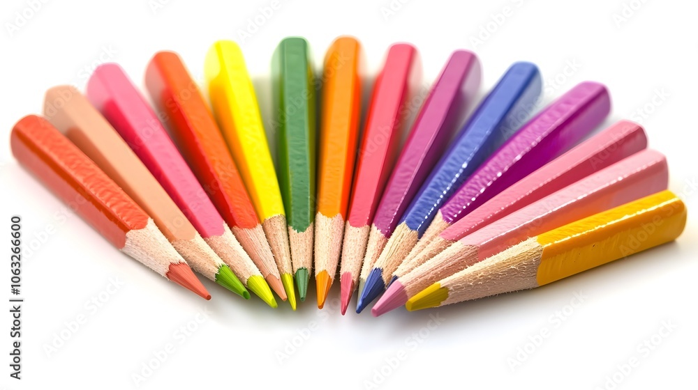 Vibrant Colored Pencils Arranged in Fan Shape on White Background Vibrant Colored Pencils Arranged in Fan Shape on White Background
