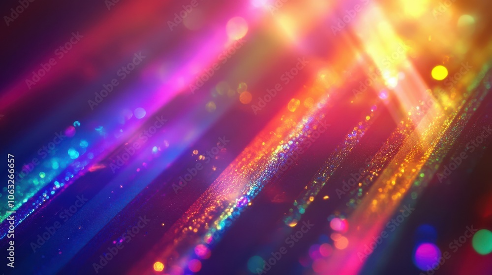 Obraz premium Film leak light overlay texture background with neon and iridescent stripes. Rainbow lens flare effect on crystal glass or camera film filter with bokeh. Laser beam strip.