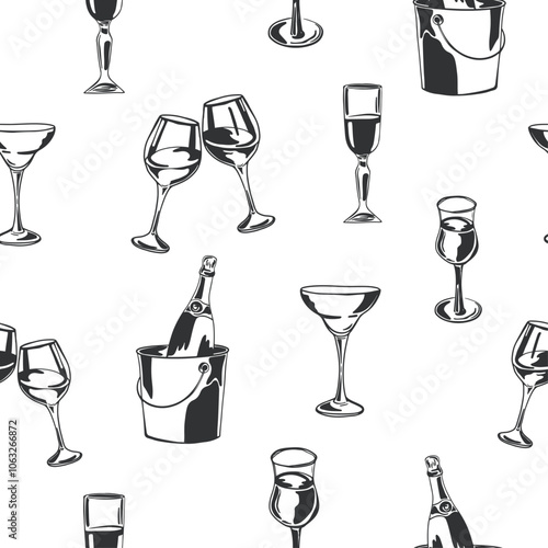 Pattern with different glasses and bottle, background with wine and champagne