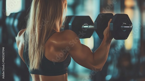 A woman is lifting weights at the gym. photo