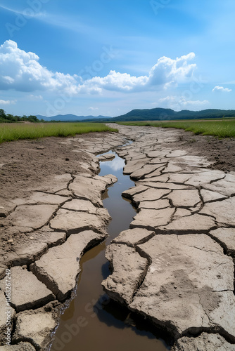 Cracked earth in a dry riverbed symbolizes the impact of drought and climate change on water resources, highlighting environmental challenges and the need for conservation
