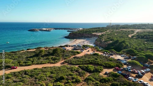 Drone flight over Cala del Aceite in Cadiz, Andalucia, Spain. Natural coastal and mediterranean area.