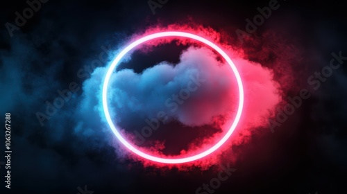 Neon cloud with glowing ring, isolated on black background. Round frame. Fantastic wallpaper