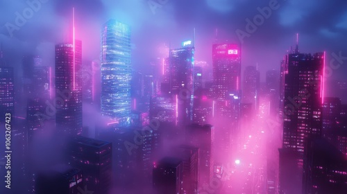 Neon Pink and Blue Cyberpunk Cityscape at Night with Skyscrapers, Futuristic Urban Setting, Misty Streets, Sci-Fi Mood, Technological Utopia Concept