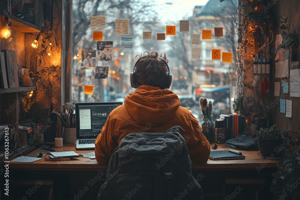A man sits at a desk in front of a window with a laptop and headphones on. There are many sticky notes on the window and a backpack on the chair. A man sits at a desk in front of a window with a laptop and headphones on. There are many sticky notes on the window and a backpack on the chair.
