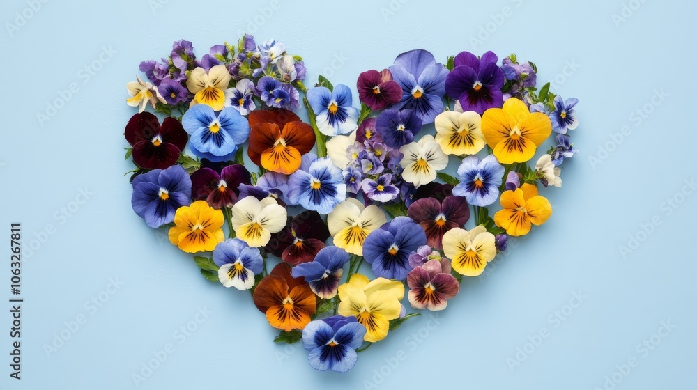 blue background with pansy flowers arranged in a heart shape, copy space for Valentine's Day, March 8, Mother's Day blue background with pansy flowers arranged in a heart shape, copy space for Valentine's Day, March 8, Mother's Day