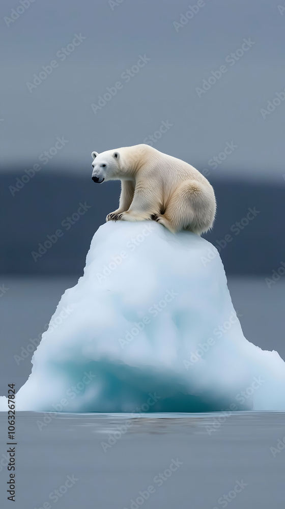 Solitary polar bear perched on a diminishing iceberg, a powerful symbol of the impact of climate change and habitat depletion in the arctic Solitary polar bear perched on a diminishing iceberg, a powerful symbol of the impact of climate change and habitat depletion in the arctic