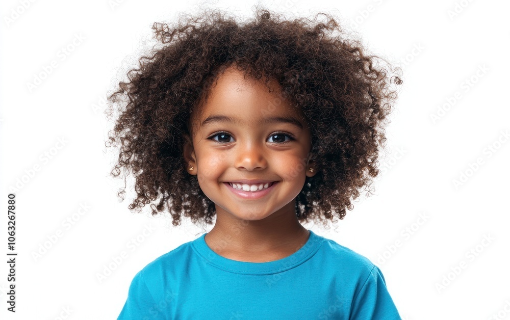 Smiling young girl with curly hair wearing a blue shirt against white background Generative AI Smiling young girl with curly hair wearing a blue shirt against white background Generative AI