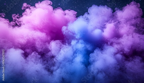 Purple and blue smoke clouds rising against a dark starry sky .