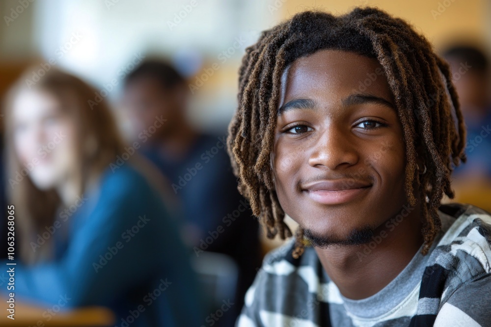 Obraz premium Smiling young man with dreadlocks in a classroom setting Generative AI