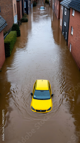 Yellow car trapped in flooded street between houses, showcasing the destructive impact of natural disasters