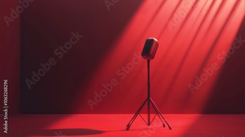 Concept stand up open mic for monologue. Poster background for comedy stage microphone with reflectors ray.