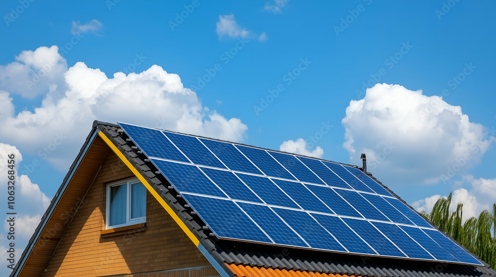Fototapeta premium Residential building equipped with photovoltaic panels, capturing solar energy under a clear blue sky and fluffy clouds