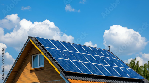 Residential building equipped with photovoltaic panels, capturing solar energy under a clear blue sky and fluffy clouds photo