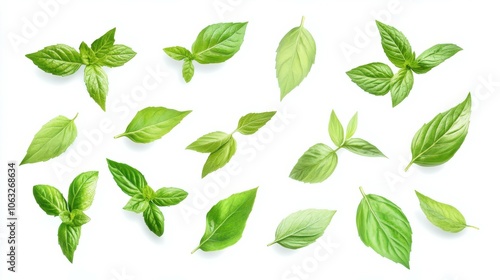 green leaf plant, mint or tea leaves. Fresh summer foliage of basil, lime or peppermint, organic design element isolated on white background, realistic render icons top view.