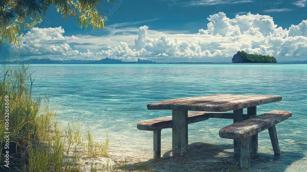Tranquil Beach Scene with Wooden Picnic Table Tranquil Beach Scene with Wooden Picnic Table