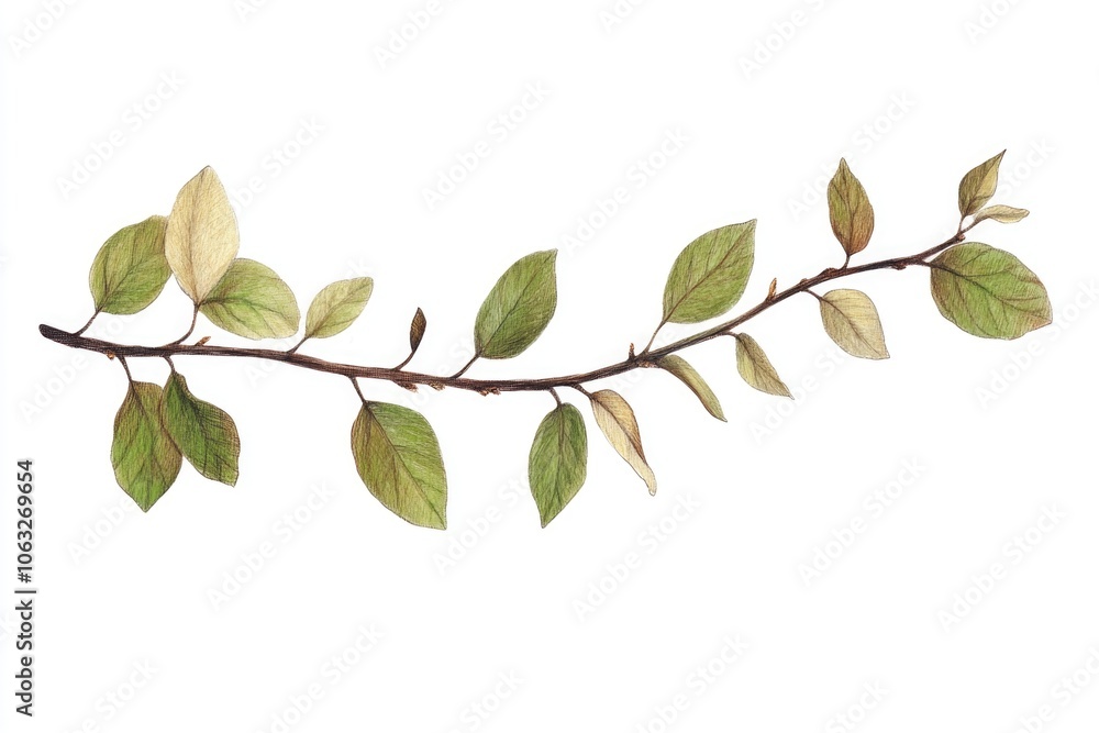Fototapeta premium A simple and minimalist image of a branch with lush green leaves against a clean white background