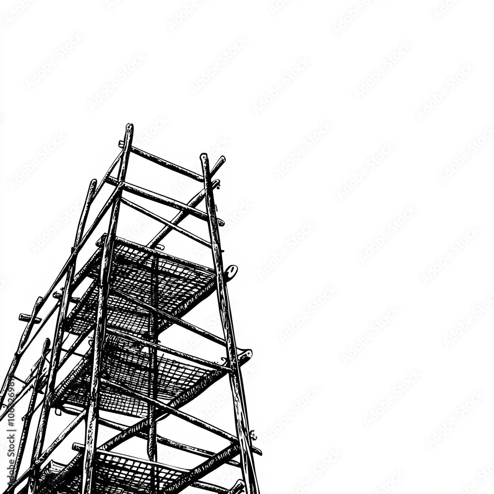A tall wooden scaffolding structure against a plain background. A tall wooden scaffolding structure against a plain background.