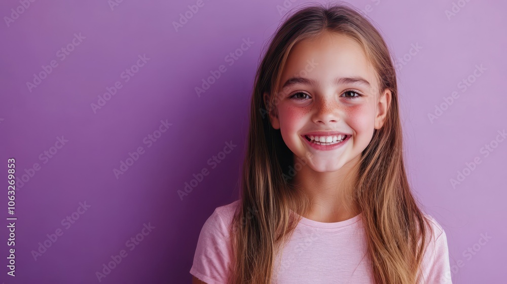 Portrait of pretty lovely young girl beaming smile empty space isolated on purple color background Portrait of pretty lovely young girl beaming smile empty space isolated on purple color background