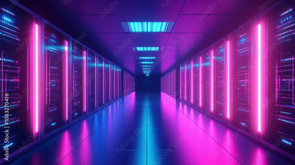 Futuristic Data Center Corridor with Blue and Purple LED Lights Reflecting on High-Speed Computing Servers for Cloud and Internet Services Concept Futuristic Data Center Corridor with Blue and Purple LED Lights Reflecting on High-Speed Computing Servers for Cloud and Internet Services Concept