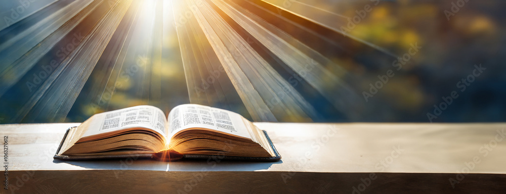 custom made wallpaper toronto digitalAn open book illuminated by divine rays, with a backdrop of a blurred forest, symbolizing enlightenment and spirituality.