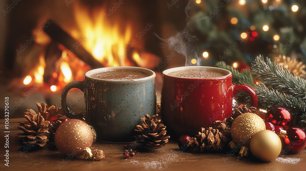 Cozy holiday scene with two steaming mugs by the fireplace, surrounded by Christmas ornaments, pinecones, and festive decor. Cozy holiday scene with two steaming mugs by the fireplace, surrounded by Christmas ornaments, pinecones, and festive decor.