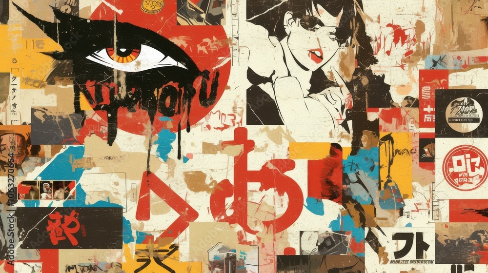 Obraz premium Vibrant mixed media artwork featuring graphic illustrations and bold colors, emphasizing dynamic urban culture.