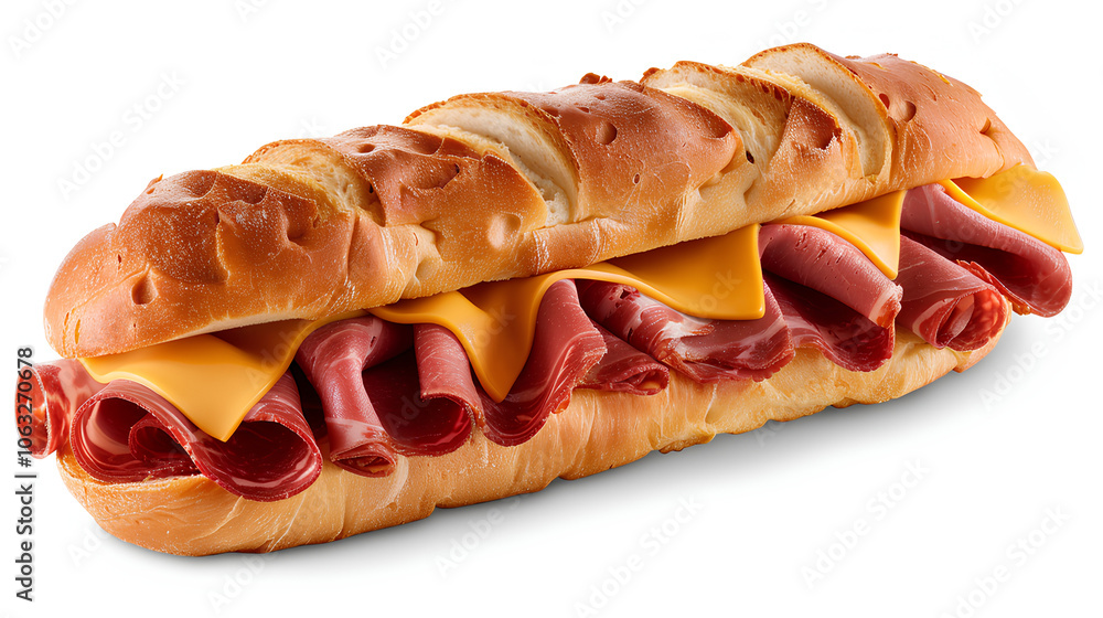 Long sub sandwich with ham and cheese. The bread is toasted and the cheese is melted Long sub sandwich with ham and cheese. The bread is toasted and the cheese is melted
