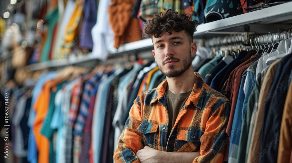 young man with curly hair standing confidently in a clothing store, surrounded by racks of colorful clothes. He is wearing a bright plaid shirt young man with curly hair standing confidently in a clothing store, surrounded by racks of colorful clothes. He is wearing a bright plaid shirt