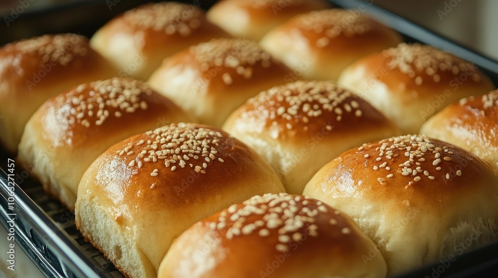 Freshly Baked Sesame Seed Buns on Tray Freshly Baked Sesame Seed Buns on Tray