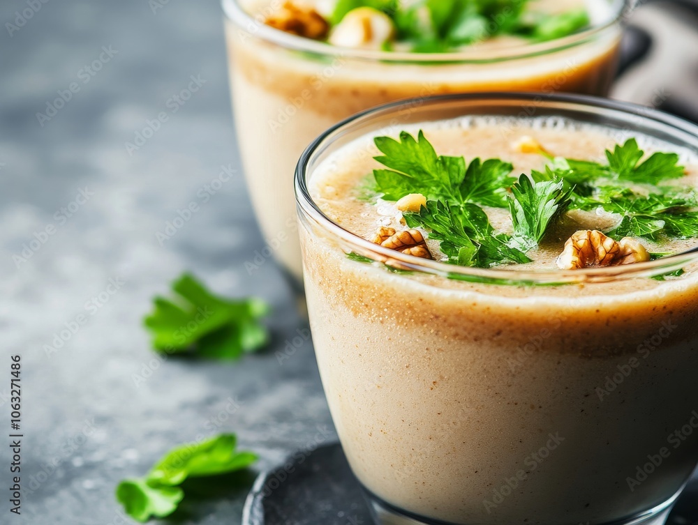 Creamy Soup with Walnuts and Fresh Herbs in Glass Jar Creamy Soup with Walnuts and Fresh Herbs in Glass Jar