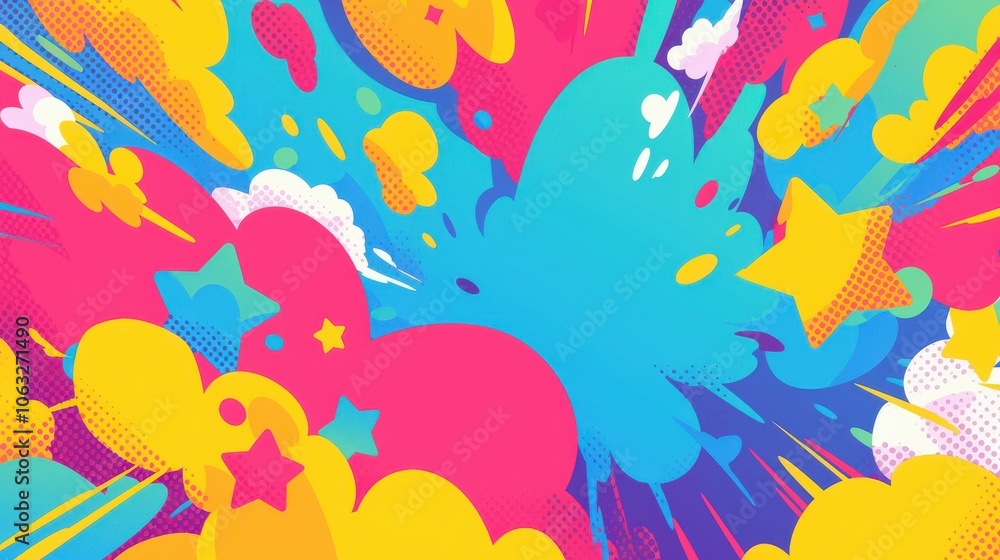 Fototapeta premium Bright and colorful abstract design featuring vibrant pink, blue, and yellow elements radiating energy.