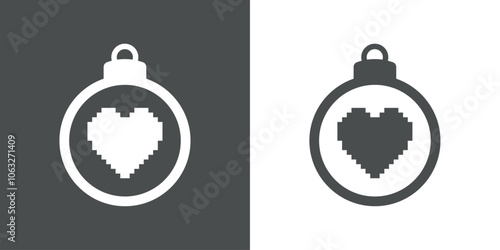 Decoración de Navidad. Logo con silueta de bola de navidad con corazón estilo arcade con pixels para tarjetas y felicitaciones