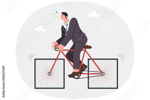 Strange business man on bicycle with square wheels, standing still due to incorrectly equipment