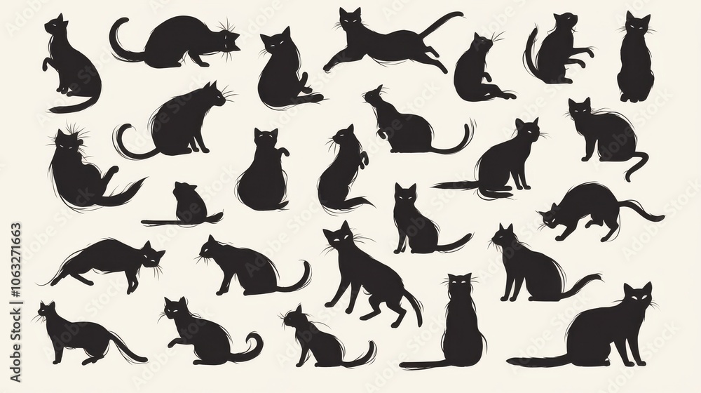A playful collection of black cat silhouettes in various poses, capturing their grace and charm. A playful collection of black cat silhouettes in various poses, capturing their grace and charm.