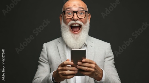 Happy senior bald stylish manager with white beard in a happy surprised expression shile reading news on his smartphone photo