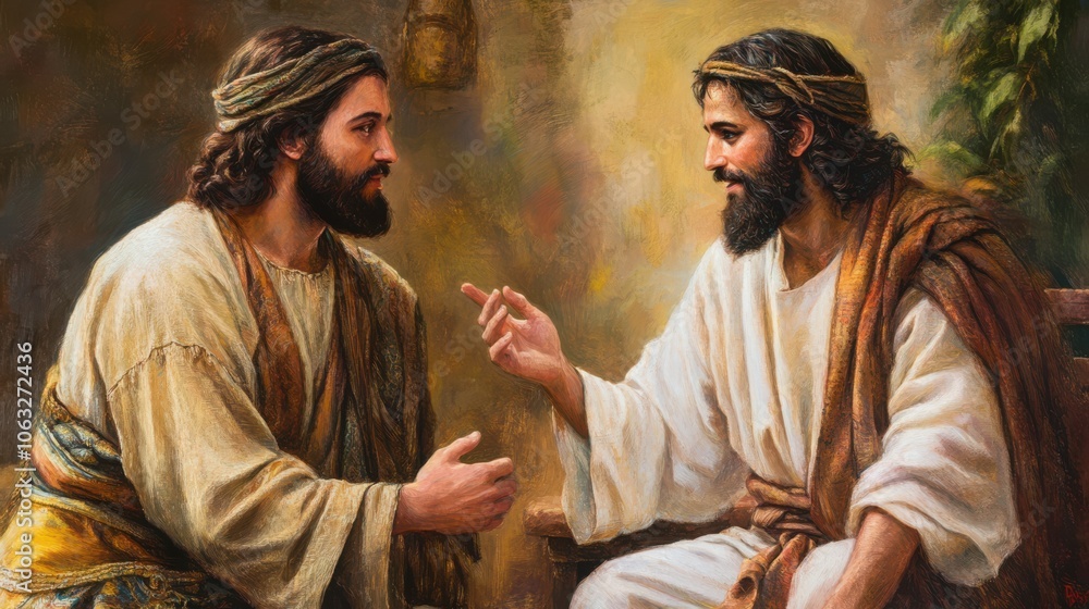 Obraz premium portrayal of Jesus encountering the rich young ruler, teaching the challenge of giving up wealth to follow God,