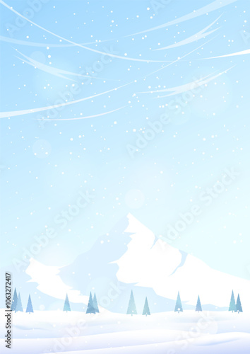 Frosty winter landscape. Snow-covered mountains and valley, trees in drifts, snowfall. Vector image.