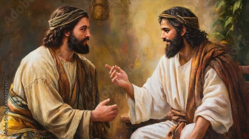 portrayal of Jesus encountering the rich young ruler, teaching the challenge of giving up wealth to follow God,