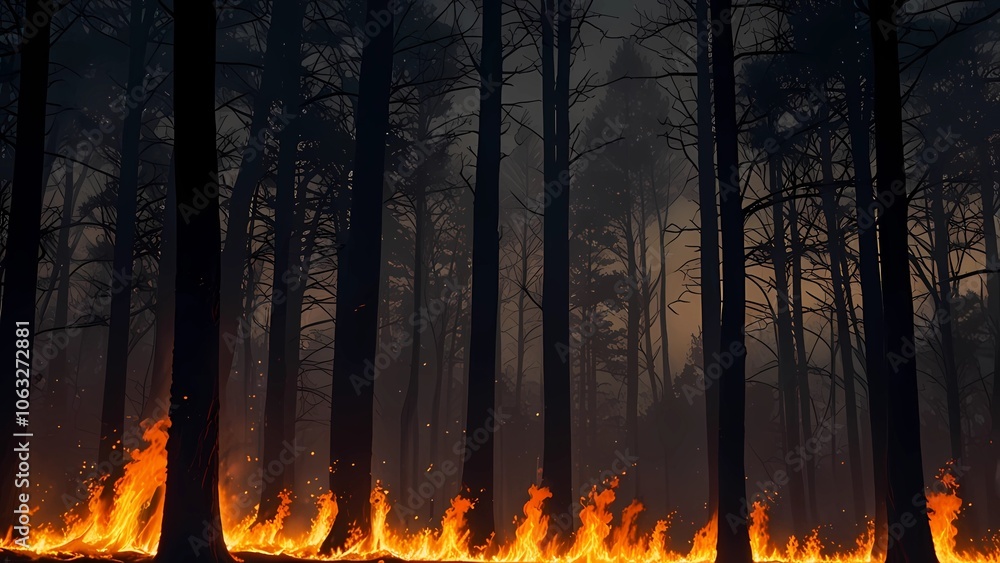 An intense backdrop showcasing fierce fire alongside resilient trees, emphasizing strength and chaos in nature. An intense backdrop showcasing fierce fire alongside resilient trees, emphasizing strength and chaos in nature.