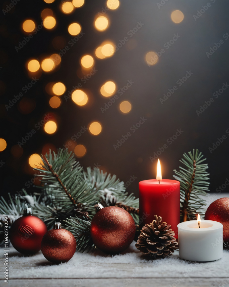 Christmas card design. New year festive mock up with lights and decor. Christmas tree and snow Christmas card design. New year festive mock up with lights and decor. Christmas tree and snow